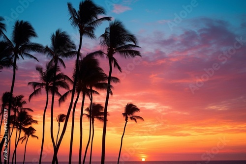 Dark palm trees silhouettes on colorful tropical ocean sunset background, vector illustration © muhmmad