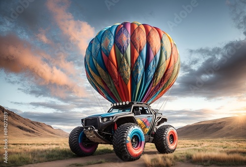 a delightful all-terrain vehicle designed to mimic the appearance of a hot air balloon