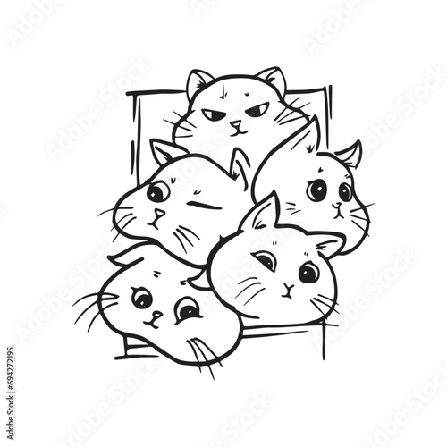 Black and white cartoon vector of a group of cute cats for coloring book.