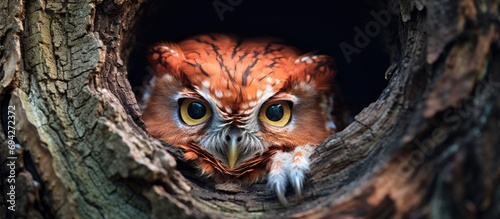 Eastern Tennessee is where a red Eastern Screech Owl is sleeping in a tree hole.