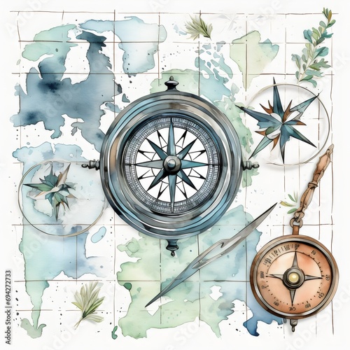 compass and map watercolor transparent clipart