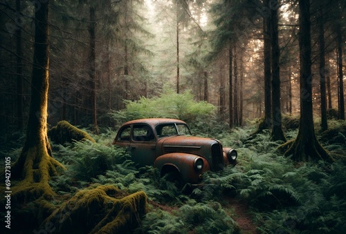 a rusty car nestled in the midst of a forest