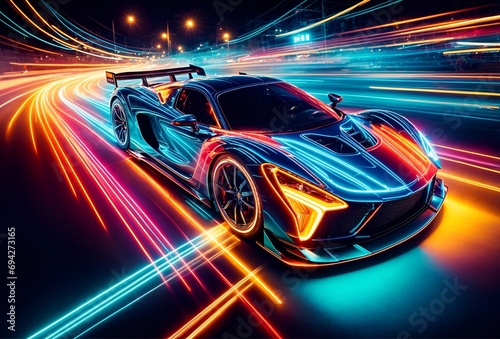sports car fully illuminated with neon lights