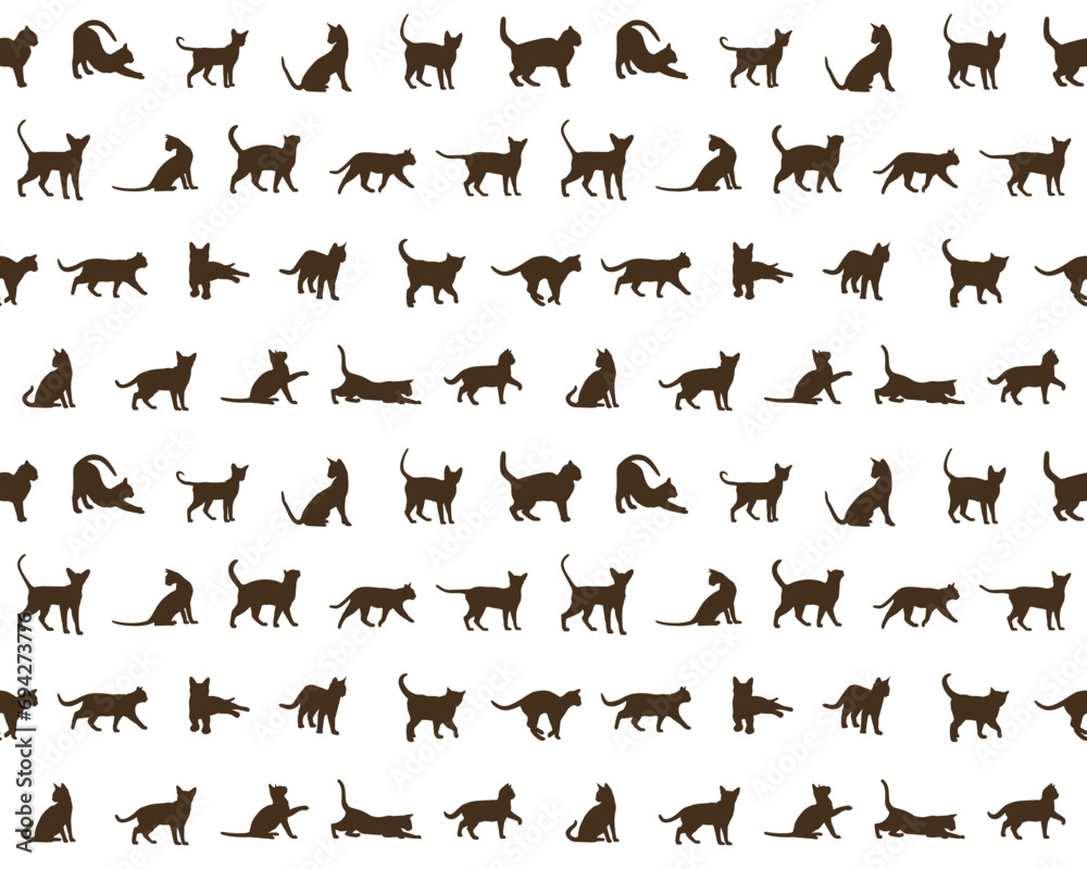 Seamless background with silhouettes of domestic cats.
