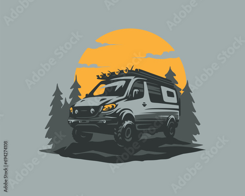 Camper van illustration with rocks and forest. RV vehicle standing on rocks on the sunset. Vector illustration.