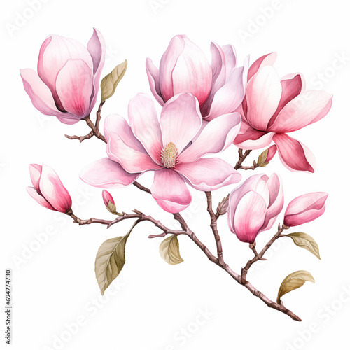 Watercolor floral illustration with blooming pink magnolia flowers and branches