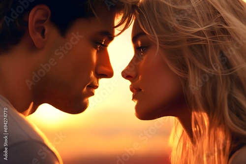 A guy and a girl at sunset look at each other with loving eyes.A couple in love looks at each other.Portrait at sunset.Love