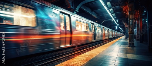 Creative zoom effect photo of a NYC subway train at a station. © 2rogan
