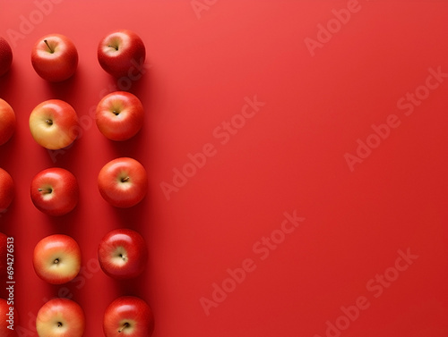 top view many red apples on a red background with copy space with space for text