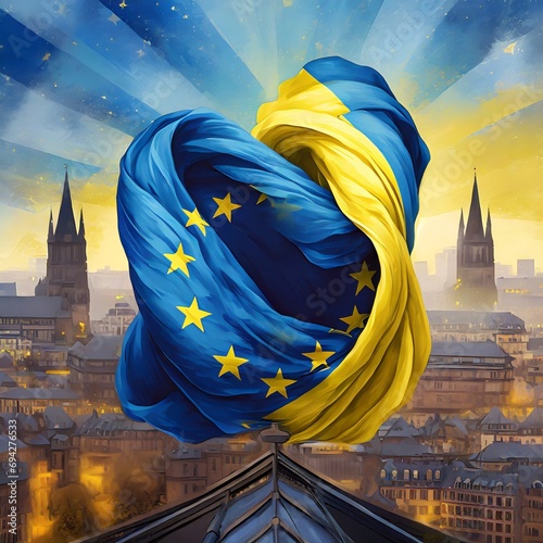 The Ukrainian flag entangled with the European Union flag, with a European city skyline as background. Illustrative digital art concept, depicting the European Union integration process for Ukraine.