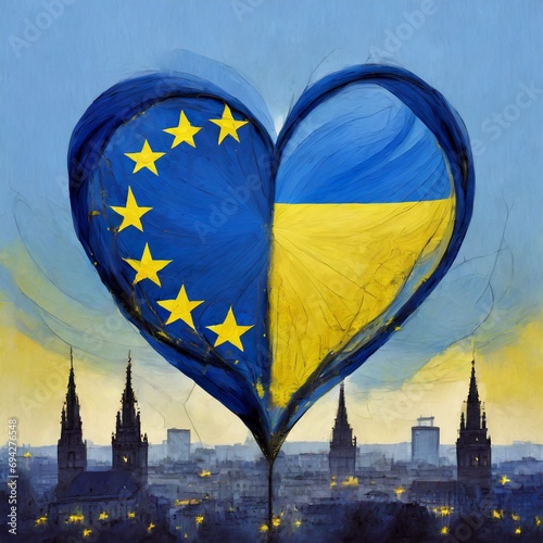 The Ukrainian flag stitched with the European Union flag, shaped like a heart and a EU city as background. Illustrative digital art concept, depicting the EU integration process for Ukraine.

