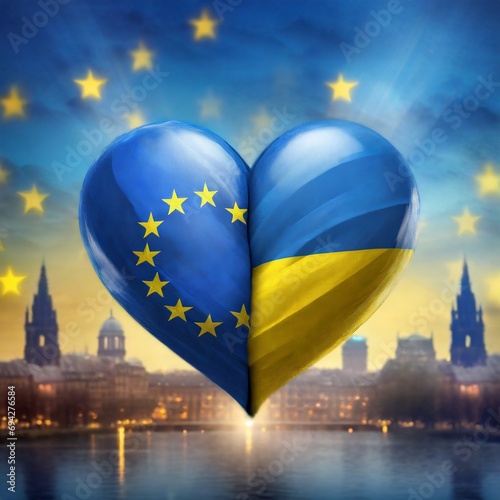 The Ukrainian flag stitched with the European Union flag, shaped like a heart and a EU city as background. Illustrative digital art concept, depicting the EU integration process for Ukraine.