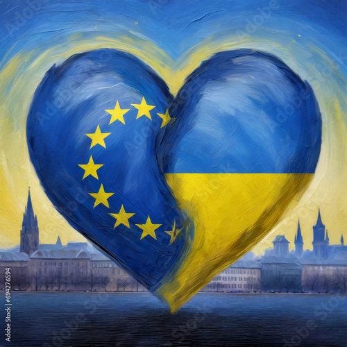 The Ukrainian flag stitched with the European Union flag, shaped like a heart and a EU city as background. Illustrative digital art concept, depicting the EU integration process for Ukraine.

