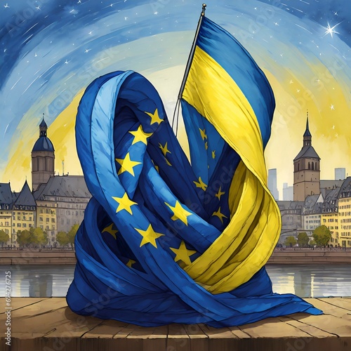The Ukrainian flag entangled with the European Union flag, with a European city skyline as background. Illustrative digital art concept, depicting the European Union integration process for Ukraine.