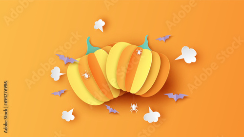Halloween pumpkin with bats, spiders on orange background. Halloween festival. Graphic design for Halloween. paper cut and craft style. vector, illustration.