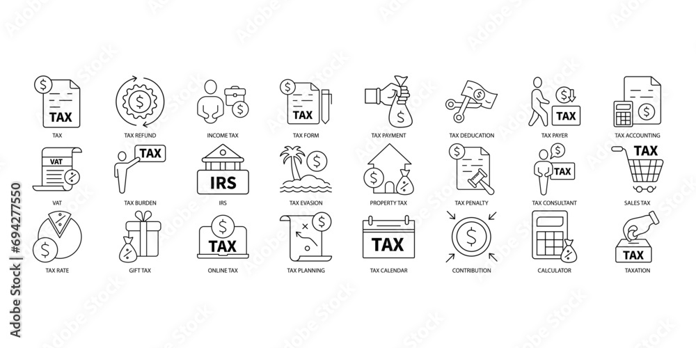 Tax icons set. Set of editable stroke icons.Vector set of Tax