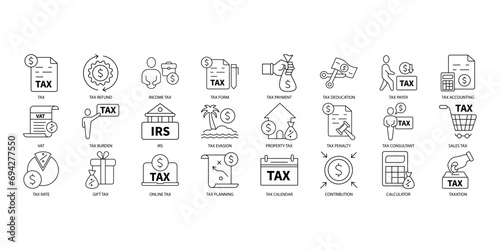 Tax icons set. Set of editable stroke icons.Vector set of Tax