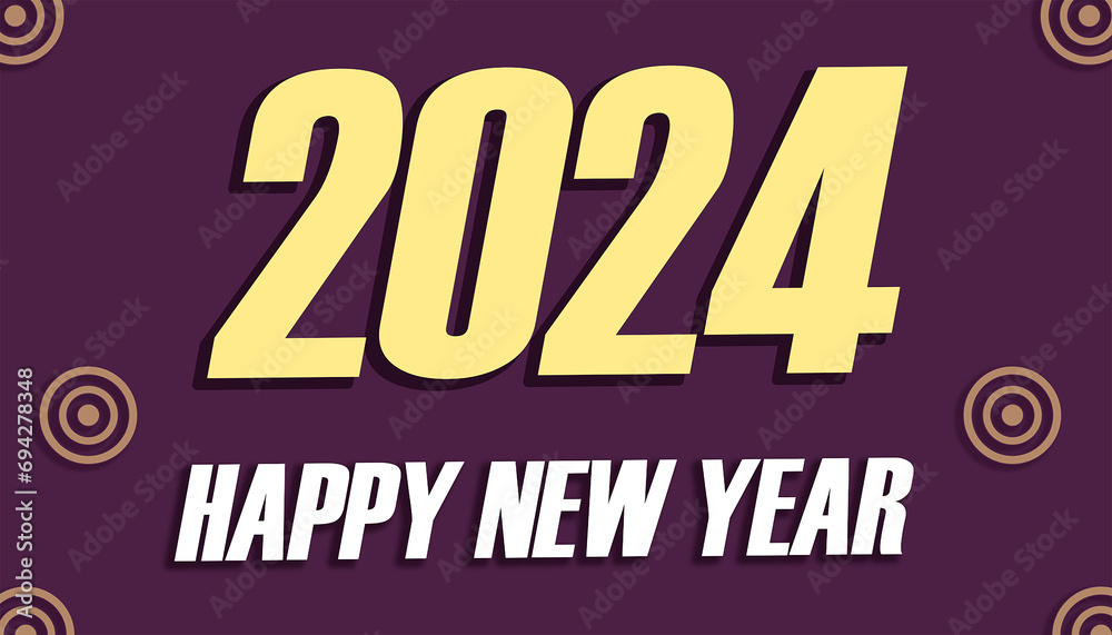 Happy new year 2024 illustration poster design isolated on violet color background.
