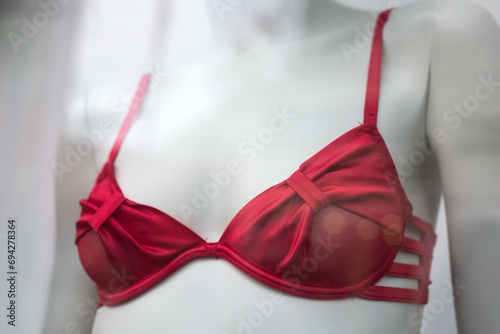 closeup of red bra on mannequin in a fashion store showroom