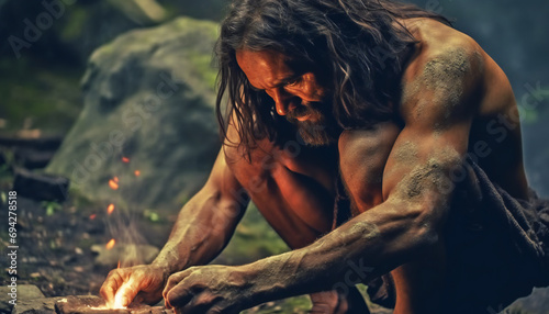 Recreation of a prehistoric man making fire
