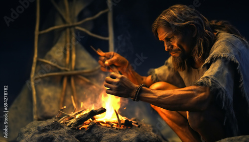 Recreation of a prehistoric man together a fire photo