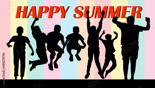 Happy summer text with children jumping silhouette poster illustration design.