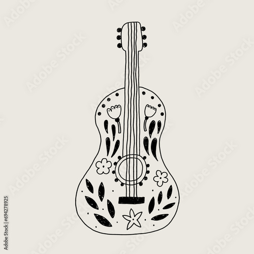 Mexican Folk Guitar. Minimal Hand Drawn Line Graphic. Modern Stylized Vector Illustration