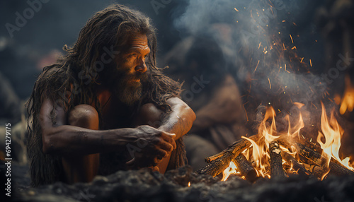Recreation of a prehistoric man together a bonfire photo