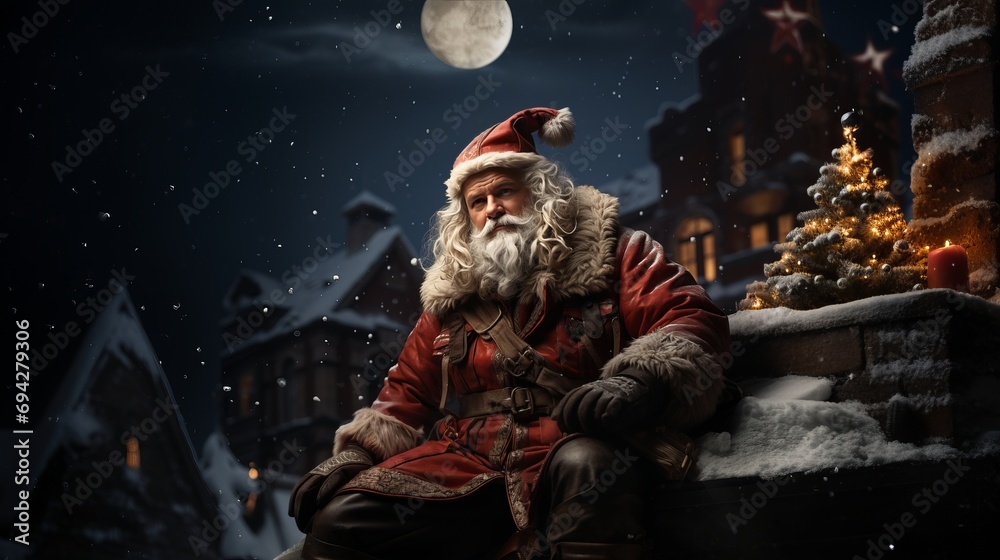 Handsome Santa Claus sitting on roof top surrounded by houses and a night sky. Handsome Santa Claus sitting on roof top surrounded by houses and a night sky.
