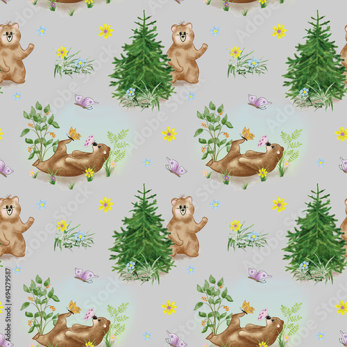 Cute seamless pattern with a teddy bear in the forest near a Christmas tree. Children s pattern with a playful bear with flowers and a butterfly.