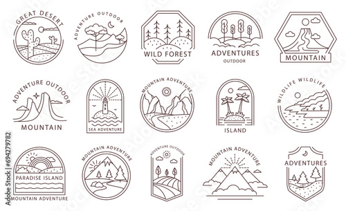 Line art adventure badges. Outline travel emblems with outdoor landscapes. Minimal mountain, island, desert and wild forest tags vector set photo
