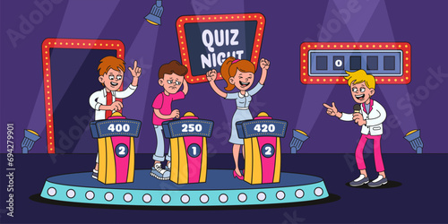 TV quiz show. Happy characters playing intellectual game and asking quiz questions. Television erudite show in style of 1930s cartoon. Vector illustration