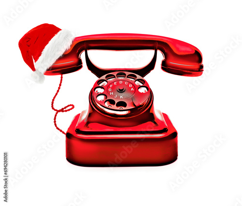 Rotes Telefon mit Weihanchtsmütze  feigestellt auf weißem Hintergrund
