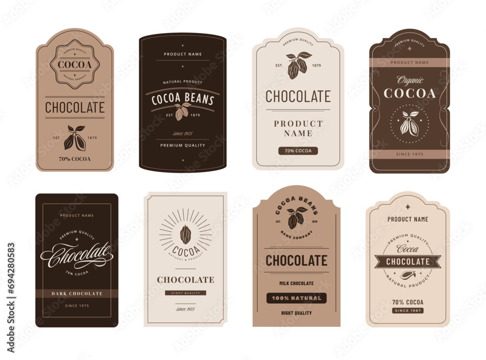Cocoa label. Classic chocolate emblems with cocoa beans, artisanal product branding design template vector set