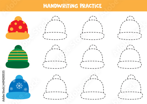 Tracing contours  for kids.  Cute cartoon colorful caps. Handwriting practice.