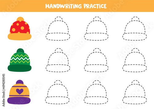 Tracing contours  for kids.  Cute cartoon colorful caps. Handwriting practice.