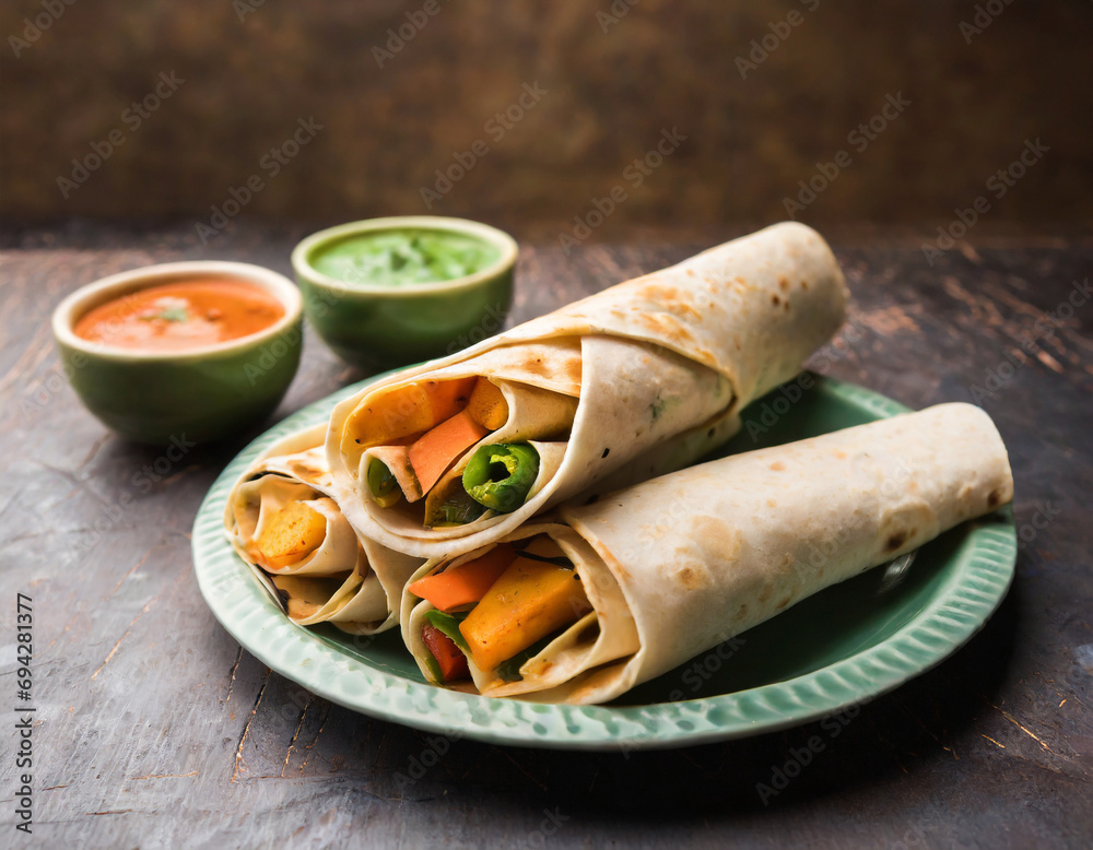 indian veg chapati wrap kathi roll, served in a plate with sauce over moody background