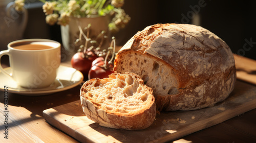 Crispy homemade bread. Hand made loaf of bread in a sunny atmosphere. Home bakery.