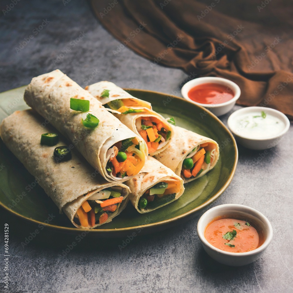 indian veg chapati wrap kathi roll, served in a plate with sauce over moody background
