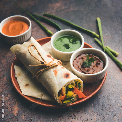 indian veg chapati wrap kathi roll, served in a plate with sauce over moody background photo