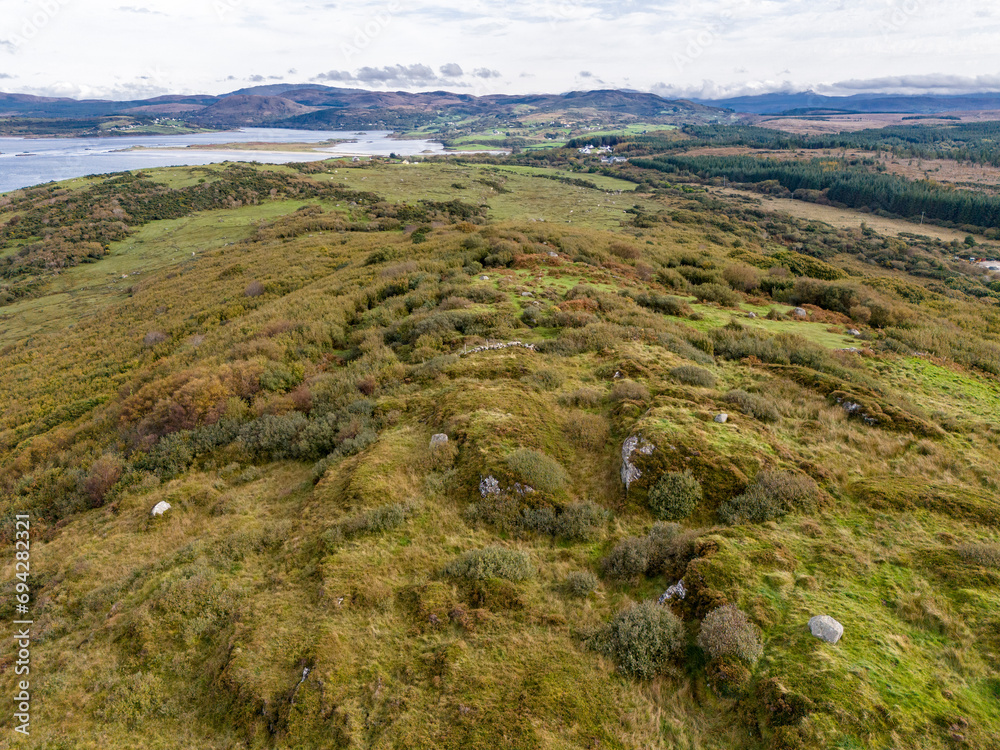Aerial view of Castlegoland hill by Portnoo - County Donegal, Ireland.