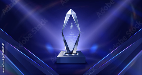 Premium victory trophy. Crystal success nomination, transparent glass award on dark background vector illustration