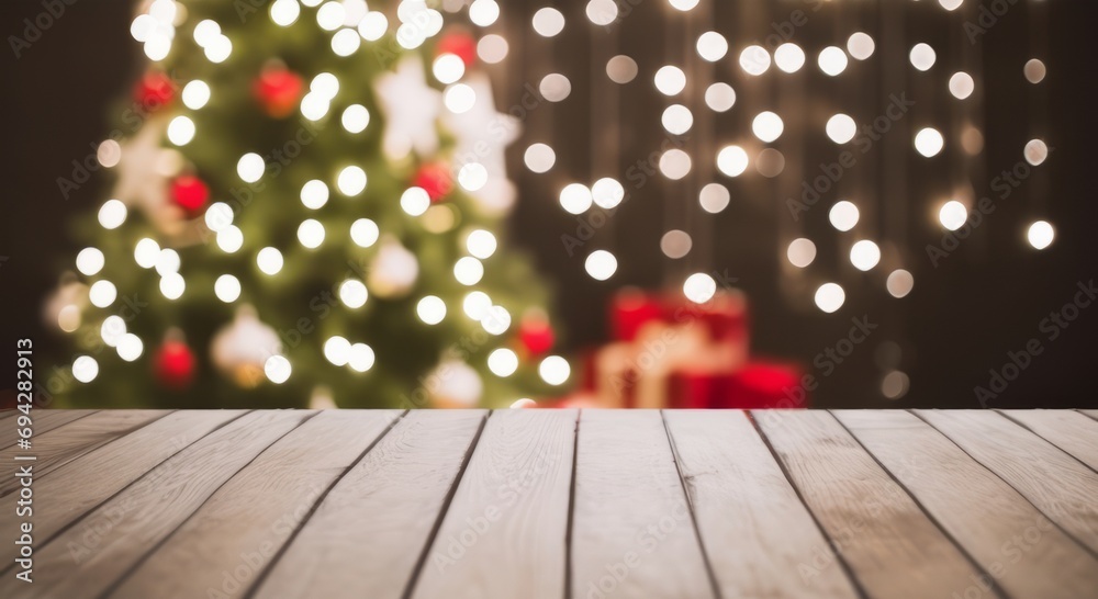 close up of wooden made table with blurred christmas glow backgrounds.