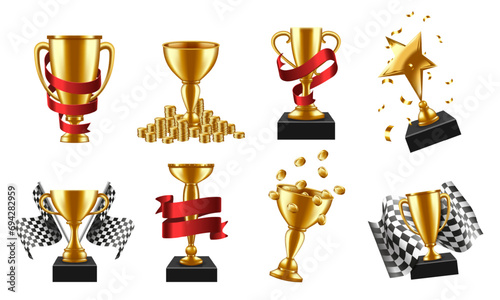 Golden cup awards. Winner trophy with red ribbon, gold coins and checkered flag isolated vector illustration set