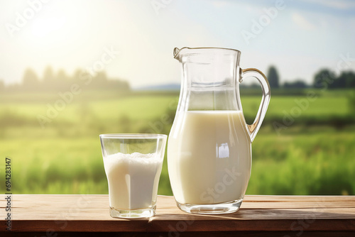 Glass of milk and jug full of fresh milk on wooden table, rural nature background with sunbeams