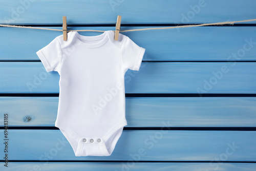 Baby onesie on a blue wooden background, copy space photo