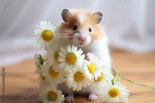 Little cute hamster holding bouquet with fresh daisies, greeting card, birthday