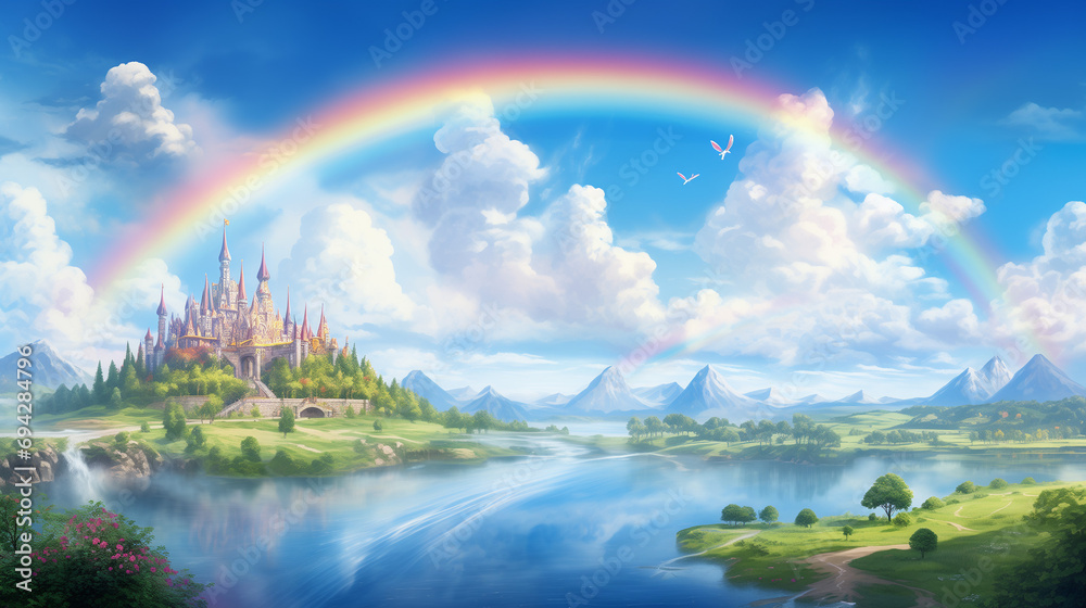 Obraz premium 虹 城 ファンタジー 山 森 空 雄大 冒険 王 勇者 ゲーム generative ai