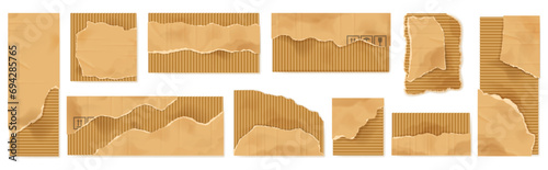 Torn cardboard pieces. Damaged paperboard sheet texture scraps with jagged edges, crafting and shipping packaging isolated vector illustration set