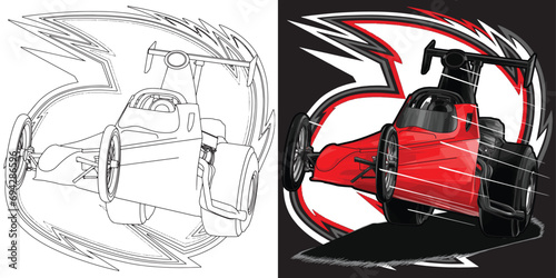 outline and painted racing car illustrations isolated in black background, this design is not ai generated.` Please see my portfolio. I've been making microstock designs for 3 years